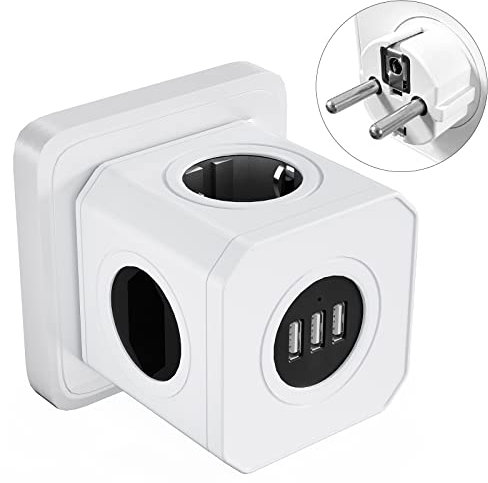 ZOVCAL Cubo multipresa, presa USB con 4 scomparti, contiene 1 presa Schuko, 3 prese europee, con 3 prese multiple USB Overload e Surge Ciabatta per ufficio, casa o viaggio no Cavo