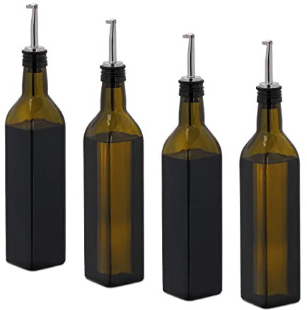 Relaxdays Set de 4 Aceiteras y Vinagreras, Botellas Cristal Vacías, 500ml, Dispensador, Aceite Oliva y Vinagreta, Marrón