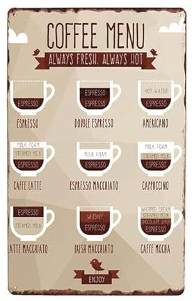 ABCDEFG Menu Caffè Metallo Segno Vintage Per Cafe Bar Pub Decorazione Della Parete Decorazione Della Casa Segni di Latta Targa Retro Piatto Poster 20 * 30 cm