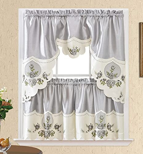 YHSF Küchengardinen-Sets 3-teilig mit Volant - Etagen Fenstervorhang-Set mit Stangentaschen-Design, Vorhänge Küchenfenster-Set für elegante Dekor, beinhaltet 2 Etagen und 1 Volant (Grau Reese)