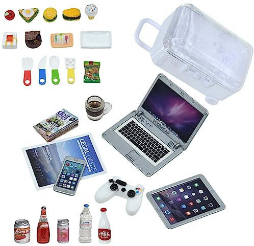 Nuanmu 27 Pieces Dollhouse Mini Laptop Tablet and Smart Phone Newspaper Book Miniatures Hamburger Cake Coffee Juice Trolley case DIY Play Game Party Toys Accessories (Silver Set)