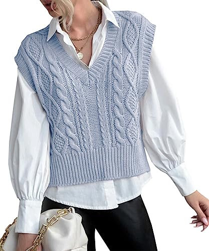 Tongmingyun Pullunder Damen Ärmellos V-Ausschnitt Strick Pullover Basic Strickweste Einfarbig Tank Top für Business Freizeit Sweater Weste Frauen Blau XL