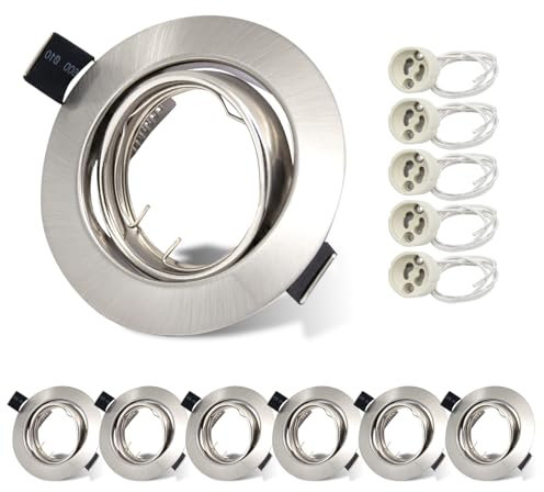 Allesgute 6X LED Recessed GU10 Spot Light Fittings 30° Tilt Downlights for Ceiling Round Brushed Chrome Spotlights Mounting Frame with GU10 Lamp Holder 240V, Outer Diameter 90mm, Cutout 68-80mm
