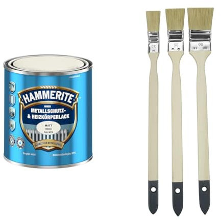HAMMERITE INNEN METALLSCHUTZ- UND HEIZKÖRPERLACK REINWEISS 0,5L & Wow!Tools Heizkörperpinsel-Set 3-teilig, Standard 3 x Heizkörper-Pinsel 25 mm, 35 mm, 50 mm