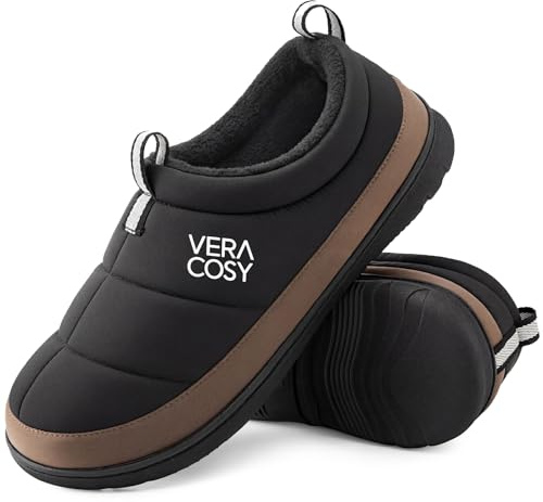 VeraCosy Men's Quilted Slippers House Shoes with Elastic Gore Anti Skid Outsole for Indoor Outdoor Black,12-13 UK