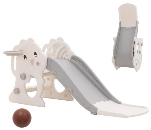 Yosamy Rutsche für Kinder, Faltbar Kinderrutsche Klein mit Basketballkorb, Baby Rutsche Garten, Rutschenlänge 105 cm, Grau