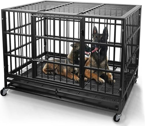 Oranland 48 Inch Heavy Duty Indestructible Dog Crate,Escape-Proof Dog Cage for High Anxiety Dogs,XL Dog Crate for Large Dogs with Sturdy Locks,Double Door,Removable Wire Tray and Wheels