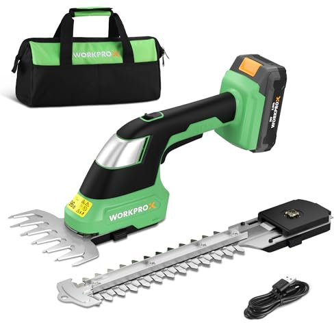 WORKPROX Cisaille Sculpte-Haie sans Fil 20V, Taille-Herbes Électrique avec Batterie 2,0Ah, Longueur/Largeur de Coupe 20 cm/14,5 cm, Ø8 mm, Outil de Jardin pour Gazon, Haies et Élagage, Noir & Vert