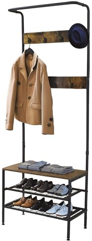 Amig - Perchero de pie con Zapatero Lukïen - Mueble recibidor con banco de Estilo Industrial - 183x66x32,5 cm - Metal y Madera - Color negro y marrón - Burro para pasillo o entrada de Estilo rústico