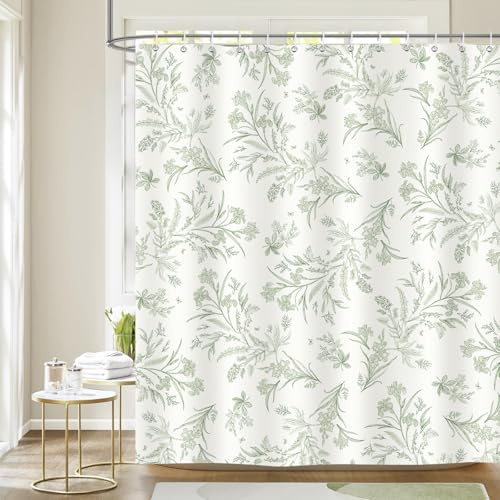 Dazzlewall Sage Green Shower Curtain Floral Botanical Plants Leaves Bathroom Curtain Waterproof 180x180cm, Mildew & Mould Resistant Polyester with 12 Hooks