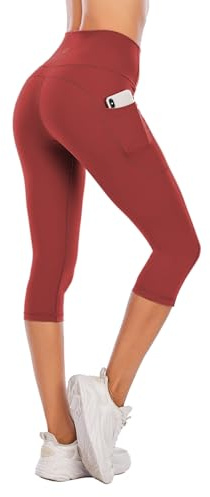 Steppe Leggings Yoga Capri Stampati da Donna a Vita Alta con Tasche, Leggings da Controllo della Pancia, Opachi, Capri a Compressione per Sport & Fitness, Cremisi-M