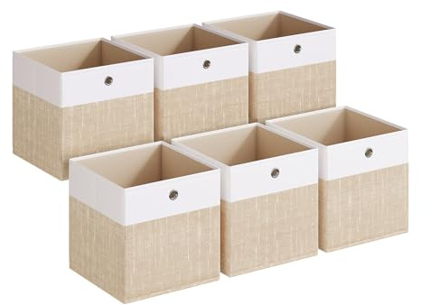 SONGMICS Caja de Almacenamiento, Set de 6, Cajas Organizadoras de PP, Sin Olores, Caja Plegable, Caja de Tela para Estantería Tipo Cubo, 33 x 33 x 33 cm, Blanco Nube y Beige Arena RFB433LF02