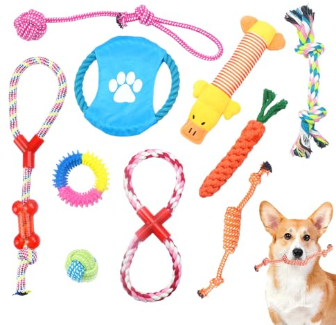 NESSICURE Giocattoli per animali domestici, confezione da 10 giocattoli interattivi da masticare per la pulizia e il divertimento dei denti, giocattolo per cani da tiro alla fune, set di giocattoli da