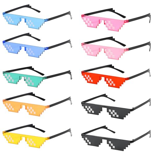 BOZILY 10 Pairs Pixel Sunglasses, 10 Colors Cool Mosaic Party Glasses for Adults, PC Holiday Decoration & Costume Props, Funny Gamer Glasses for Birthday, Halloween Themes
