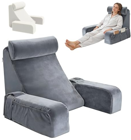 BOYIFEIJIE Läskudde för vuxna, ryggkudde för säng & soffa med avtagbara armstöd och nackrulle, ergonomiskt ryggstöd för läsning, TV och avkoppling, tvättbart överdrag (grå)