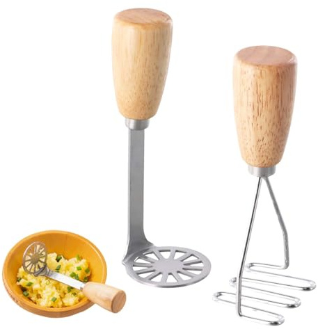 Hontaog 2 Pièces Presse-purée avec Manche en Bois, Ecrase Pomme de Terre en Acier Inoxydable, Purée de Pommes de Terre Ustensiles, Presse Puree Manuel pour Avocat, Haricots, Viande, Légumes