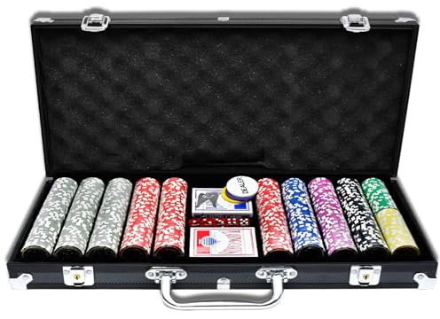 AufuN Pokerkoffer 500 Chips Laser Pokerchips 12 Gramm Metallkern, inkl. 2X Pokerdecks, 5X Würfel, Dealer Button, Big Blind, Little Blind, Poker-Set mit Schwarz Aluminium Gehäuse mit 2 Schlüssel