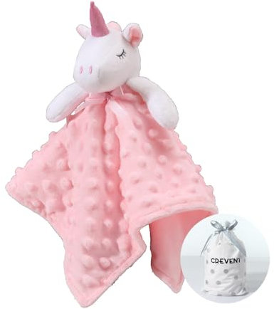 CREVENT Baby Comforter Security Blanket for Baby boys and Girls,Mink Dot Front + Fleece Backing with Aniaml Face,Baby Cuddly Blanket Great Gifts for Birthday Baby Shower(Pink Unicorn)
