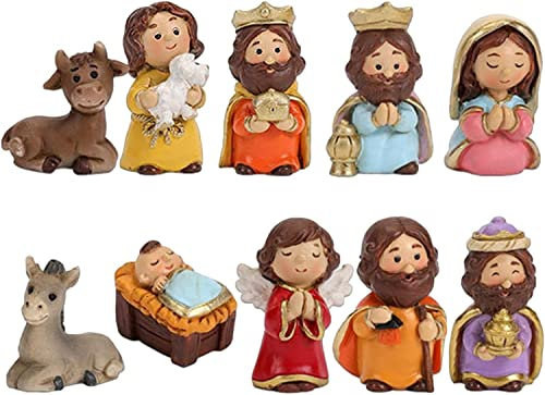 Juego de 10 piezas de belén de Navidad, juego de belén de pesebre, decoraciones de la sagrada familia, mini figuras de Cristo Jesús, adornos de estatua de la Virgen María para el hogar y el escritorio