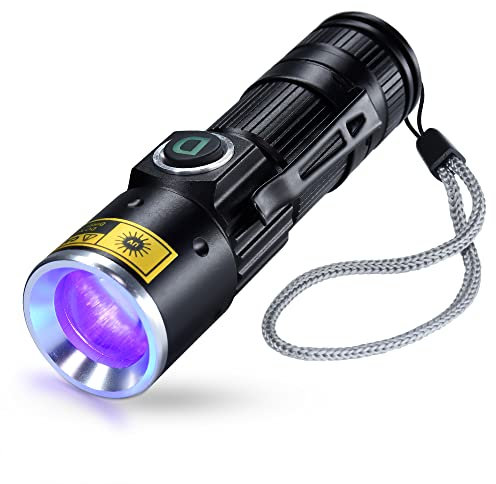 DARKDAWN Torch UV 395nm Light Flashlight USB Rechargeable, Ultraviolet LED Blacklight Mini Wood’s Lamp, Portable Blacklight Detector for Pet Cat Urine, Dried Stains/Uranium Glass/Resin Curing
