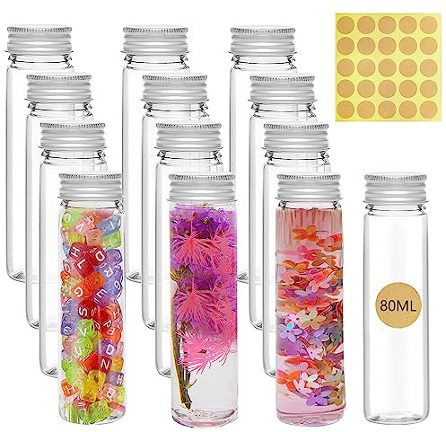 GZGXKJ 12 Pcs Bouteille Sensorielle Transparent Tubes à Essai Bouteille Vide avec Bouchons à Visser Tubes à essai en Plastique pour Fleurs Bonbons Les Fêtes Les Liquides Les Sels 80ML