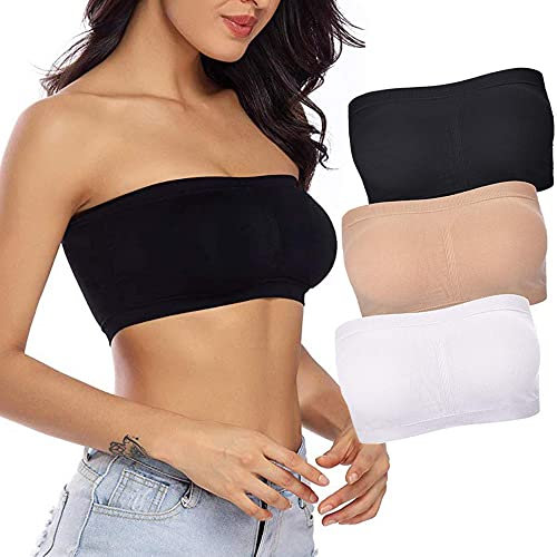 SHOCHX 3 Stück Damen Tube Top BH Bandeau Weiche Trägerlos BH Nahtlose Dehnbar Brust Wickeln (Schwarz Weiß Beige, M)
