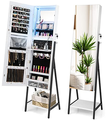 COSTWAY Espejo Joyero de Pie, Armario Organizador de Joyas con Cerradura y Espejo de Cuerpo Entero, Luces LED de 3 Colores, Estante Inferior, Marco de Metal (Blanco)