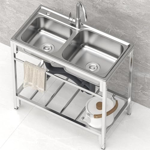 Lavello multiuso in acciaio inox, doppia ciotola, autoportante, commerciale, per ristorante, anti-troppopieno, con rubinetto e ripiani per giardino, cucina, lavanderia, garage, esterni