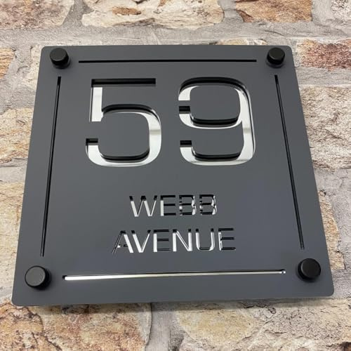 One of a Kind UK Personalised House Sign Custom Door Number Plaque for Outside with Street Name 180x180mm UV Stable Weatherproof Acrylic 7 Colour Options Modern Floating Design – Grey