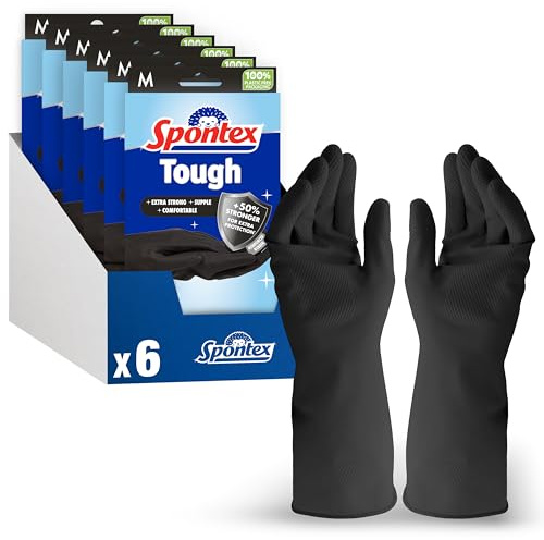 Spontex Tough Reusable Rubber Gloves Value Pack Medium Size +50% Stronger for Extra Protection Non-Slip Grip 6 Pairs