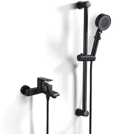 Jacurley Badewannenarmatur Schwarz mit Duschset, Mischbatterie Badewanne mit Brausegarnitur, Duschsystem mit Wannenarmatur, 635mm Duschstange, Duschbrause mit 1.5m Schlauch