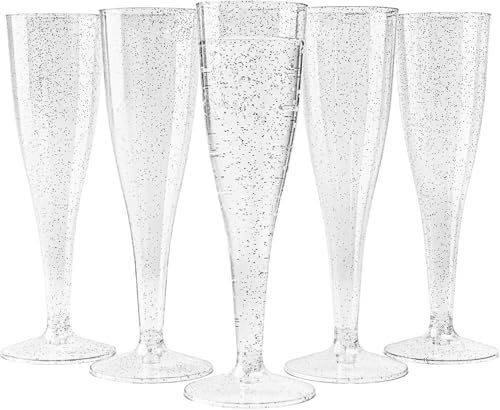 MATANA 48 Flûtes à Champagne en Plastique à Paillettes Argentées, 133ml - Verres Solides pour Cocktails, Dessert - Gobelets Réutilisables pour Mariages, Anniversaires, Noël, Fête