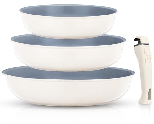 FOHERE Padelle Antiaderenti con Manico Removibile, Set 4 Padelle Ceramica 20/24/28 CM, Induzione Per Tutti I Piani Cottura, Lavabile in Lavastoviglie e Forno, Alluminio, Grigio