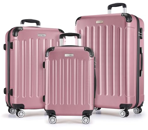 MERISH Reisekoffer Koffer Kofferset Trolleys Zwillingsrollen 3tlg. Hartschale in 9 Farben (Rose, Set)