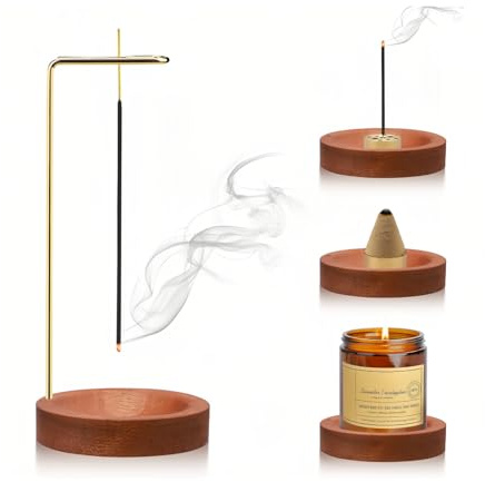 Porte Encens Set 2-in-1,Holzprodukte Support Encens Bruleur Baton à 9 Trous Brûleur D'Encens Fait à la Main Multifonction Incense Holders,pour Décor de Bureau à Domicile Yoga (Fond Marron)