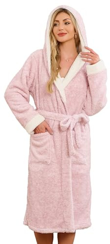 HEARTNICE Womens Hooded Plush Robes Soft Warm Long Bathrobe for Women Fluffy Winter Loungewear (Pink Mel.,L/XL)