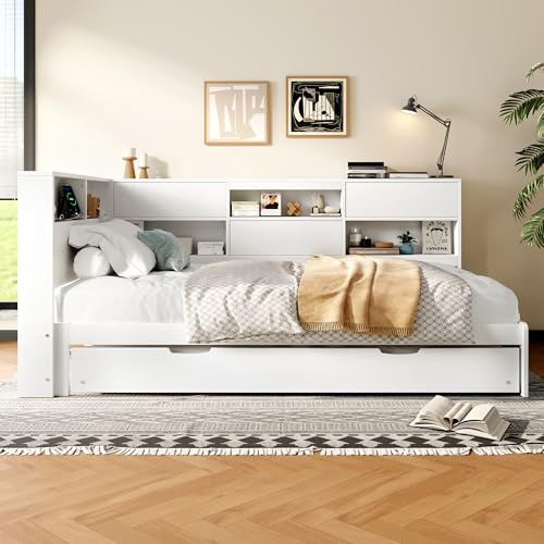 Cama de día enrollable extensible con compartimento de almacenamiento, 90 x 200 cm, blanco, sofá cama con carga USB-C, madera maciza, sin colchón