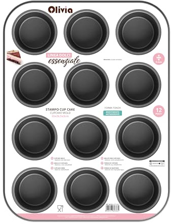 Stampo per cupcake e muffin 12 posti antiaderente – teglia 35 x 26 x 3 cm in acciaio verniciato, sformatura facile e pulizia rapida, per forno domestico e professionale