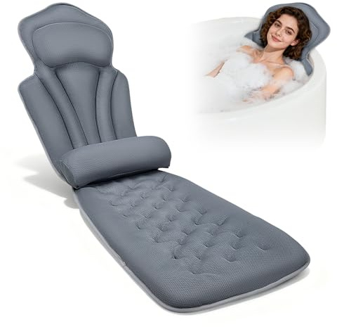 LIFEJXWEN Cojín para bañera con cojín lumbar extra, 144 ventosas (12 veces más sujeción), juego de cojines de baño 4D suave con reposacabezas y cojín adicional extraíble, 133 x 41 cm, incluye bolsa de