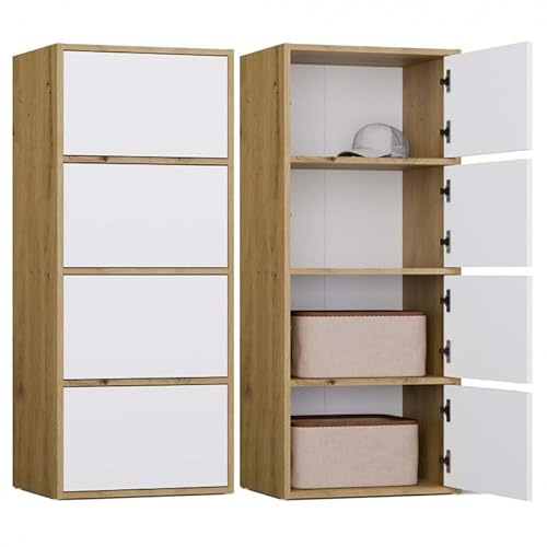 CDF Kommode Schrank Hochschrank mit 4 Türen und Einlegeböden - für Wohnzimmer Schlafzimmer Flur Büro – Grifflose Fronten – Modernes Design und langlebige Ausführung – Weiß Eiche Artisan Alma