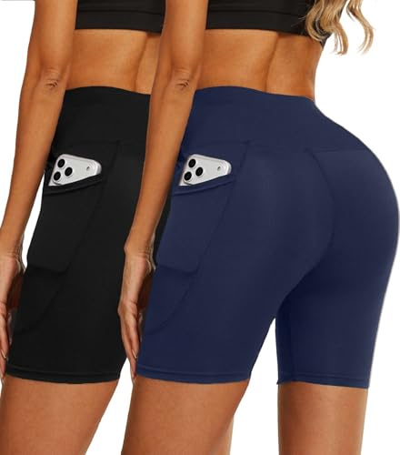 Yutdeng Mallas Deporte Mujer Cortas Leggins Cortos Antirozaduras Pantalon Ciclista Shorts Deportivos Cintura Alta con Bolsillos Mayas Deportivas Ciclismo Yoga Fitness Vientre Plano,Negro Azul,S-M