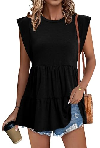 Magritta Tops for Women UK Babydoll Shirt Cap Sleeve Casual Boho Tunic Top Dressy Crew Neck Blouse Office Wear Work Fashion Spring Clothes Black Medium, 12-14