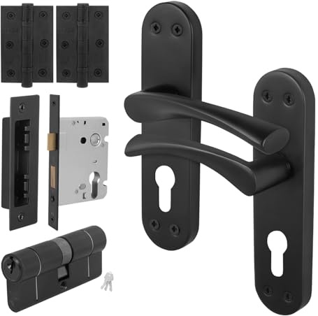 EAI Black Door Handle Euro Lock, Double Cylinder Set, 1 Pair Matt Black Internal Door Handle, Lock, Hinges - Novoli