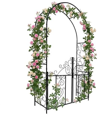Relaxdays Arco per rose con cancello, ornamenti per rampicanti, giardino, HxLxP: 230 x 130 x 38 cm, metallo, nero