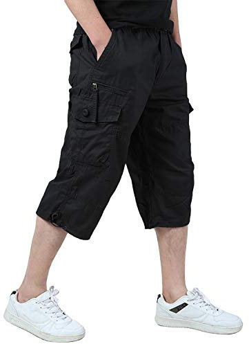 KEFITEVD 3/4 Hose Herren Dehnbund Cargo Hose Männer Bermuda Shorts Baumwolle Hose Capri Shorts Casual Army Shorts Camping Angeln Schwarz EU 32, CN L