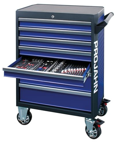 Projahn Werkstattwagen GALAXY mit 198-teiliger Bestückung, Werkzeugwagen mit 7 Schubladen, Werkstattschrank mit 4 Rollen, Blau/Anthrazit, abschließbar 5501-522