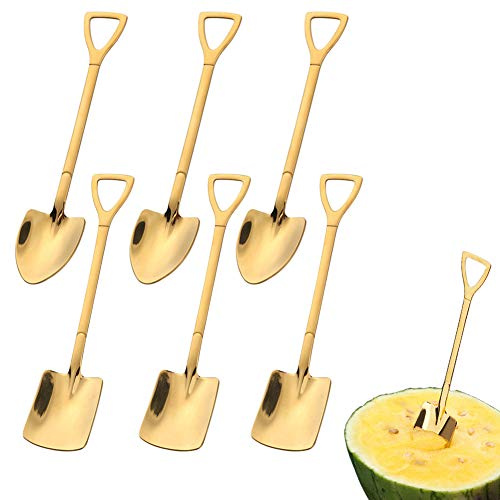 6 Cucharas de Pala de Acero Inoxidable, Creativa en Forma de Pala Roja, para Sandía, Leche, Té, Café, Azúcar, Helado, Postre (Dorado)