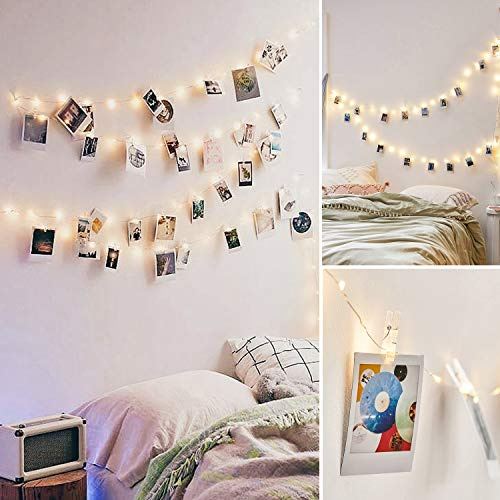 JMTGNSEP 50LED 20 Photo Clips String Fairy Lights Battery Powered Decoration for Living Bedroom Indoor Christmas Party Wedding for Photo Picture Hanging Display, Battery Operated (16ft Warm White)