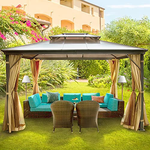 VEVOR Pavillon de Jardin 10x10pi, Tonnelle de Jardin Aluminium, Grande Tente de Jardin Réception Pavillon Marron, Gazebo en Bois Massif et Balcon Privé avec Moustiquaire