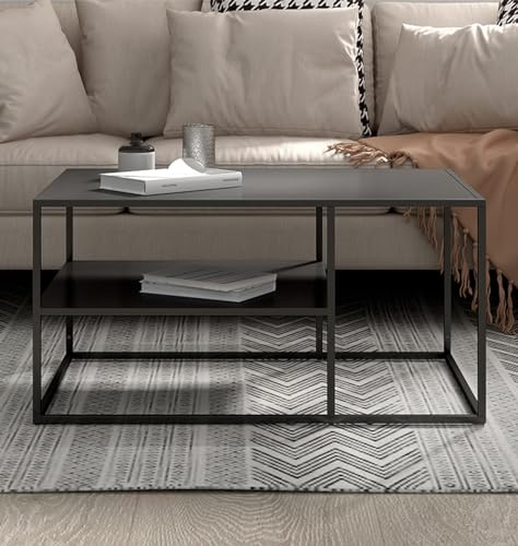 Hallowood Furniture Bewdley Metal Coffee Table with Shelf, Stylish and Modern Rectangular Black Centre Table, Minimalist Designed Coffee Tables For Living Room, Lounge and Hallway